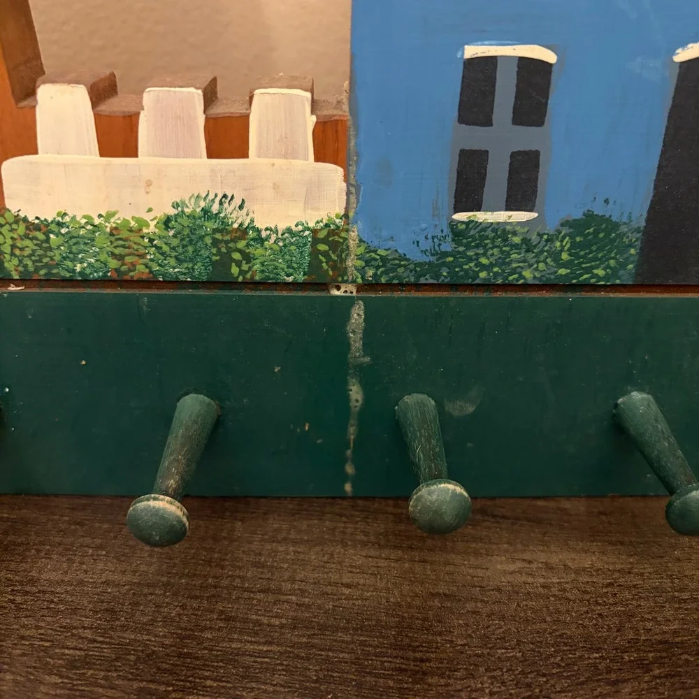 Bratton's Woodcraft Handmade Wooden Wall Key Rack Blue House Folk‎ Art 5 Pegs